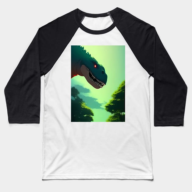 SCARY GREEN DINOSAUR IN THE TREES Baseball T-Shirt by sailorsam1805